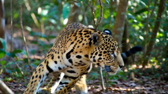 A striking jaguar, with its iconic spotted coat, moves through a dense, sun-dappled jungle. Capturing the wild's beauty.