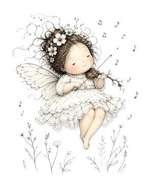A whimsical little fairy with delicate wings plays a tiny violin amidst floating musical notes.