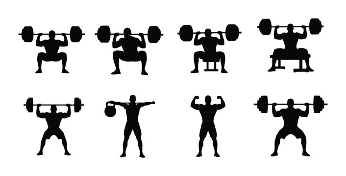 Weightlifting Silhouettes: Strength Training Icons, Fitness Poses, Barbell Exercises, Kettlebell Lifts, Bodybuilding Figures, Gym Workout Set, Vector Graphics