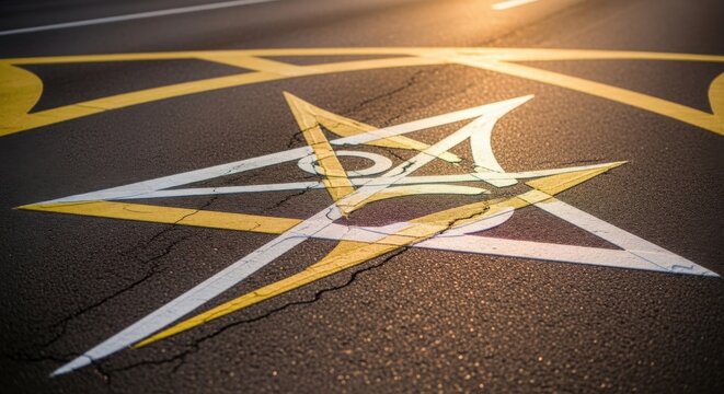 Pentagram Symbol Painted on Asphalt Road Surface with Yellow Lines