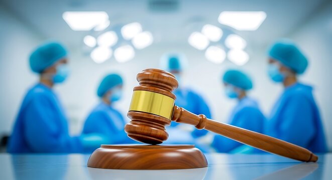 Wooden gavel on desk with blurred medical team in surgical scrubs in hospital background for malpractice law concept