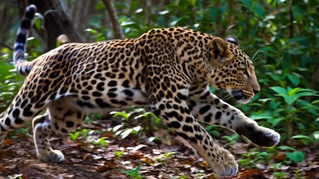 A leopard gracefully moves through a lush forest, embodying the beauty of wildlife in its natural habitat.