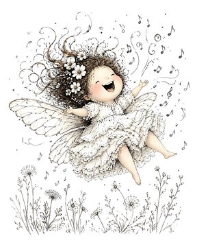 A whimsical little fairy with delicate wings sings joyfully amidst a field of wildflowers.