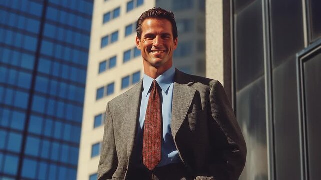 Confident business person in a smart suit, epitomizing the success and ambition of urban professional life, stands against modern architectural backdrop.