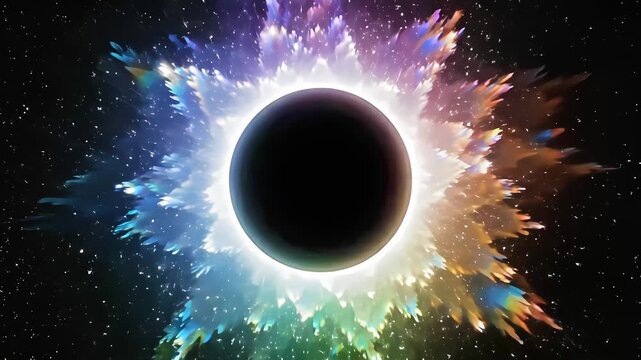 Abstract animation of a black hole with a vibrant colorful cosmic explosion in outer space