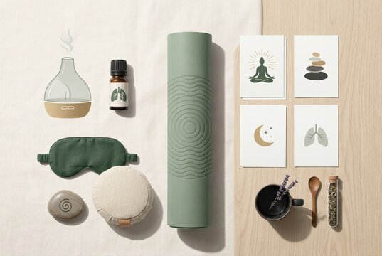 Serene wellness correlating mindfulness practices with a yoga mat essential oils and calming elements promoting tranquility and self care routine for inner balance