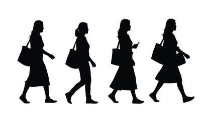 A row of four women depicted in profile are walking with handbags showcasing everyday fashion and movement a striking silhouette high quality professional detailed © rsvect02