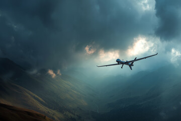 Fototapeta premium Military drone flying over a mountain valley under a dramatic cloudy sky at sunset. Unmanned aerial vehicle performing a reconnaissance mission in a remote mountainous landscape