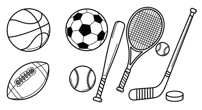 Various sports equipment line icons collection including basketball, soccer ball, tennis racket, and hockey stick on an isolated white background.
