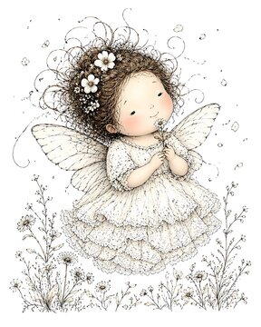 A whimsical vintage illustration of a tiny fairy girl holding a delicate daisy flower.