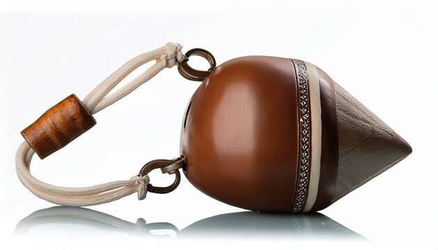 a brown and white cowbell with a leather strap