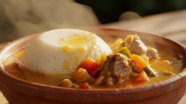 Steaming Hot Bowl of Traditional African Stew with Fufu.