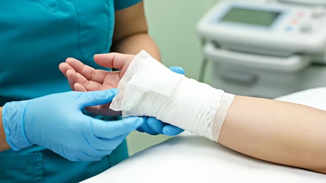 Nurse applying bandage to patient wrist in medical clinic