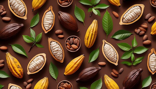 seamless pattern featuring cacao branches cocoa pods leaves flowers beans chocolate pieces and cacao products arranged on a rich brown background