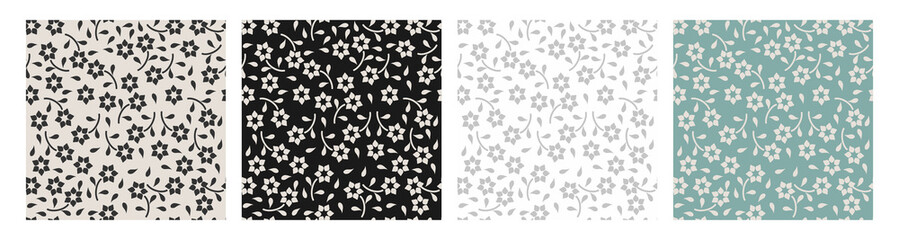 Obraz premium Set of four seamless floral pattern designs in contrasting color palettes including black, white, grey, and teal. Decorative repeating motifs ideal for backgrounds, textiles, packaging, and modern sur