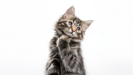 Obraz premium Curious fluffy tabby kitten tilting head with raised paw on white background with large copy space center alignment