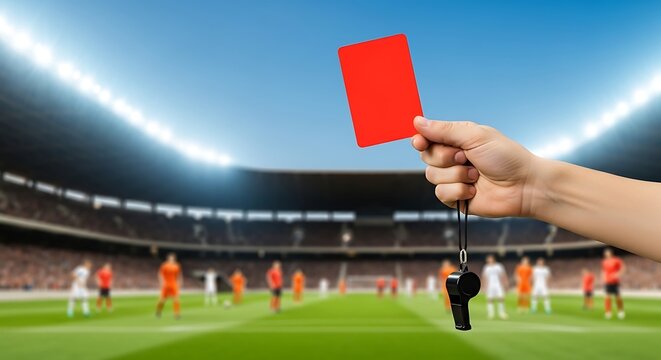 Referee hand holding up a red card to signal penalty during a professional football soccer match on stadium pitch