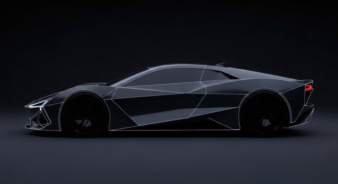 Futuristic electric hypercar in neon-lit studio with dramatic reflections