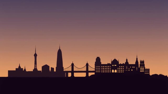 Cityscape Silhouette at Sunset/Sunrise with Bridge and Towers