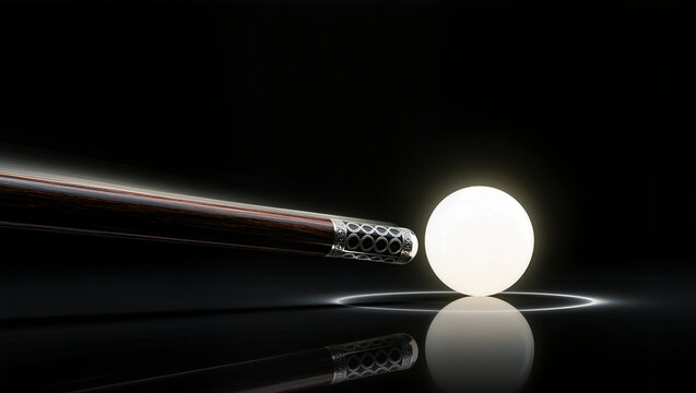 Billiard cue aiming glowing ball in dark studio representing precision training and professional sports practice
