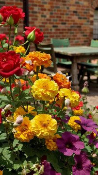 This features a stunning floral arrangement in a backyard setting, with a variety of colorful flowers and lush greenery. The scene is set against a rustic brick wall and outdoor furniture, creating a