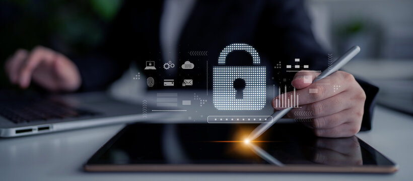 Cybersecurity protection system showing password encryption, fingerprint ID, cloud security, email, credit card, and database lock for secure data access Latch