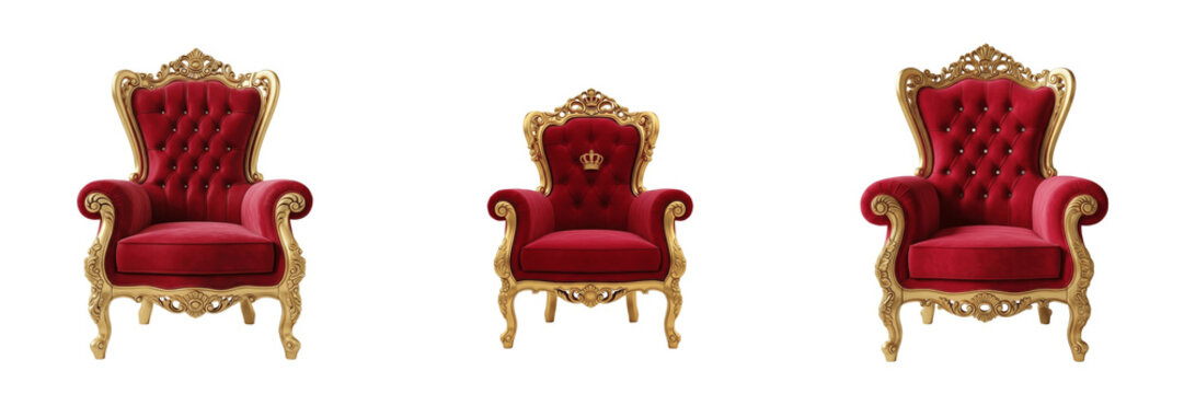 Luxury Red Velvet Armchair with Gold Frame Isolated on White Background for Interior Design, Furniture Mockup, Antique Style, and Realistic Material Graphic Assets.