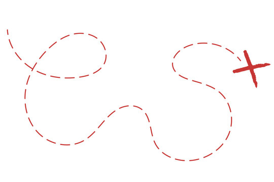 Red treasure map element. A dashed line and red X mark ink on the map, the treasure map with a dotted line, X marks the spot, dashed line trail to an X