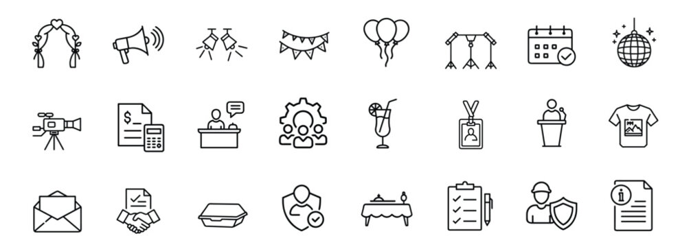 Organizer line icons set wedding gate spotlight ticket invitation banquet table staff management schedule security & more vector illustration with editable stroke.