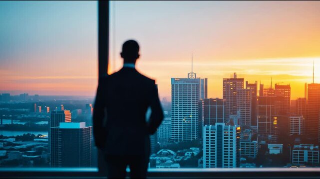 Confident businessman in a suit watching the beautiful sunset over the city from his office window