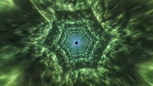 Abstract Hexagonal Tunnel Vortex with Cosmic Nebula Background.