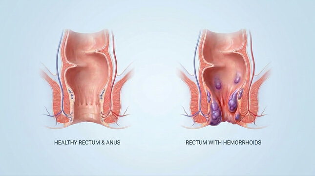 Internal Hemorrhoids and Healthy Rectum Anal Anatomy Comparison