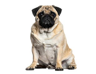 Obraz premium A cute pug dog sitting attentively, with a fawn-colored coat and black muzzle, isolated on a transparent background, perfect for pet-related designs