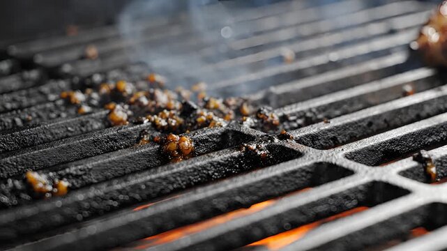 Closeup of a dirty grill with food remnants and smoke rising.