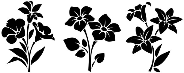 Naklejka premium Black silhouettes of flowers isolated on a white background. Set of vector illustrations of flowers
