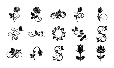 Elegant Black Floral Swirl Ornaments, Vector Flourishes, Decorative Botanical Elements, Vintage Rose Motifs, Set of 15 © PERFECT QUALITY
