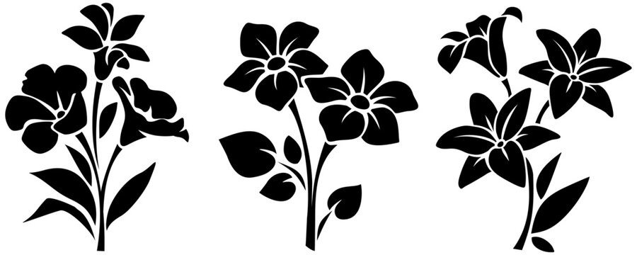 Black silhouettes of flowers isolated on a white background. Set of vector illustrations of flowers