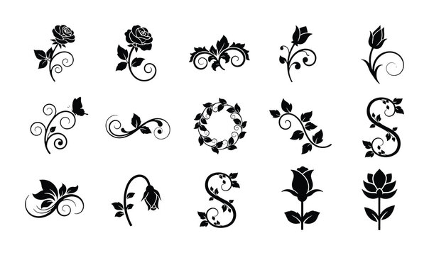 Elegant Black Floral Swirl Ornaments, Vector Flourishes, Decorative Botanical Elements, Vintage Rose Motifs, Set of 15