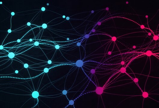 Abstract neural network visualization depicting interconnected nodes in vibrant blue and pink hues against a dark backdrop reflecting complex data relationships and digital innovation