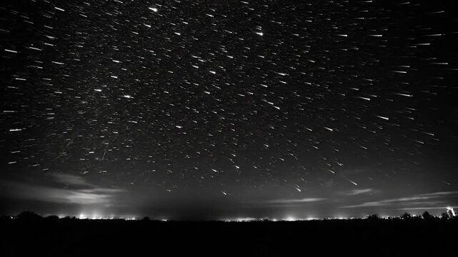 Mesmerizing Black and White Timelapse of Star Trails with Audible Sound of Wind Blowing Over Rural Landscape at Night