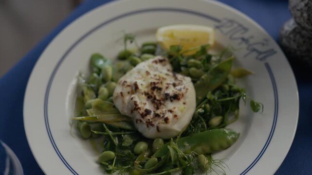 Fresh white fish rests atop vibrant green salad. Bright lemon wedge adds zesty contrast. Delicate plate with blue trim shows elegant presentation. Ideal for food blogs or culinary magazine features