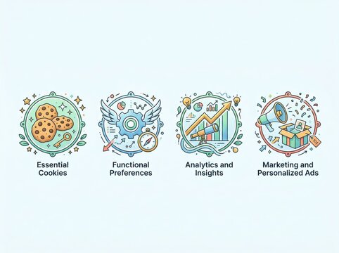 Digital strategy icons representing essential cookies, functional preferences, analytics and insights, marketing metrics emphasizing engagement and growth