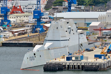 United States Navy USS Michael Monsoor (DDG-1001), Zumwalt-class guided-missile destroyer moored at port. © zapper