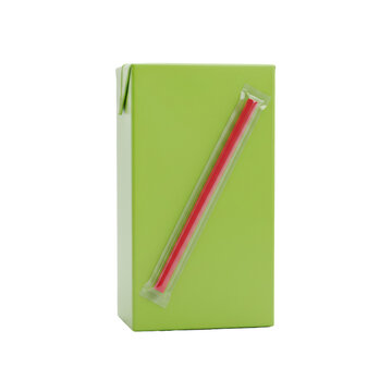 A perfectly rendered neon green matte juice carton (tetra pack) with a bright cherry red straw, against a transparent background with soft shadows, studio side lighting. Concept for beverage