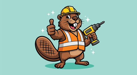 Cartoon beaver construction worker character holding a power drill. © Caroline Studio