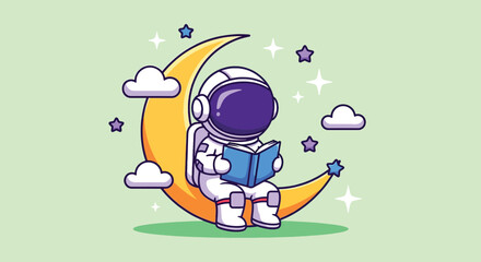 Cute astronaut reading a book while sitting on a crescent moon in space. © Caroline Studio