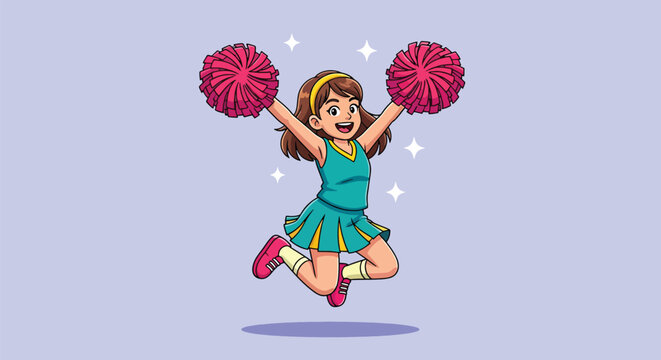 Cheerful young girl cheerleader jumping with pink pompoms cartoon illustration.