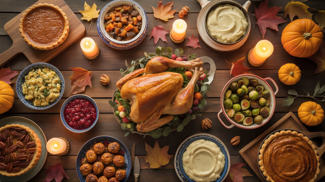 AI-generated Thanksgiving dinner flat lay with roast turkey, pumpkin pies, autumn vegetables, candles and rustic holiday table decor
