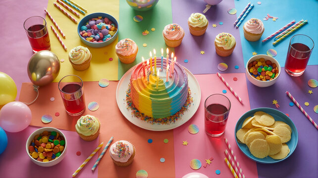 AI-generated colorful birthday party flat lay with rainbow cake, balloons, confetti, candy, cupcakes and festive snacks on bright pink background