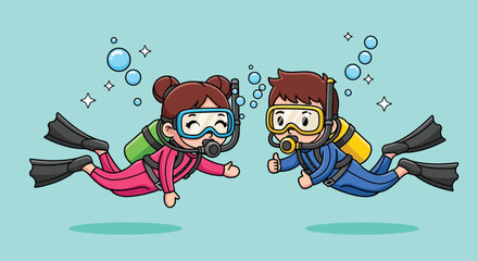 Cute Cartoon Couple Scuba Diving Underwater Adventure. © Caroline Studio